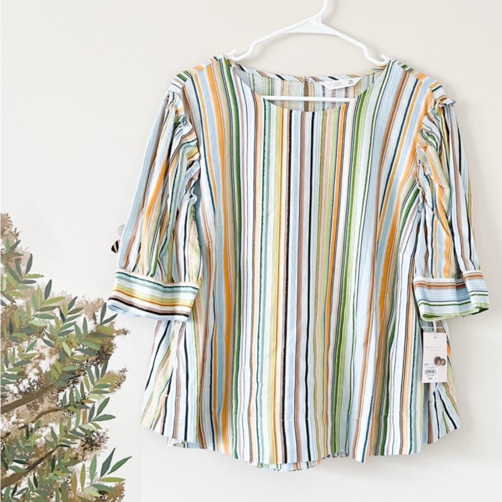 LC Lauren Conrad Blue and Green Bell Sleeve Blouse